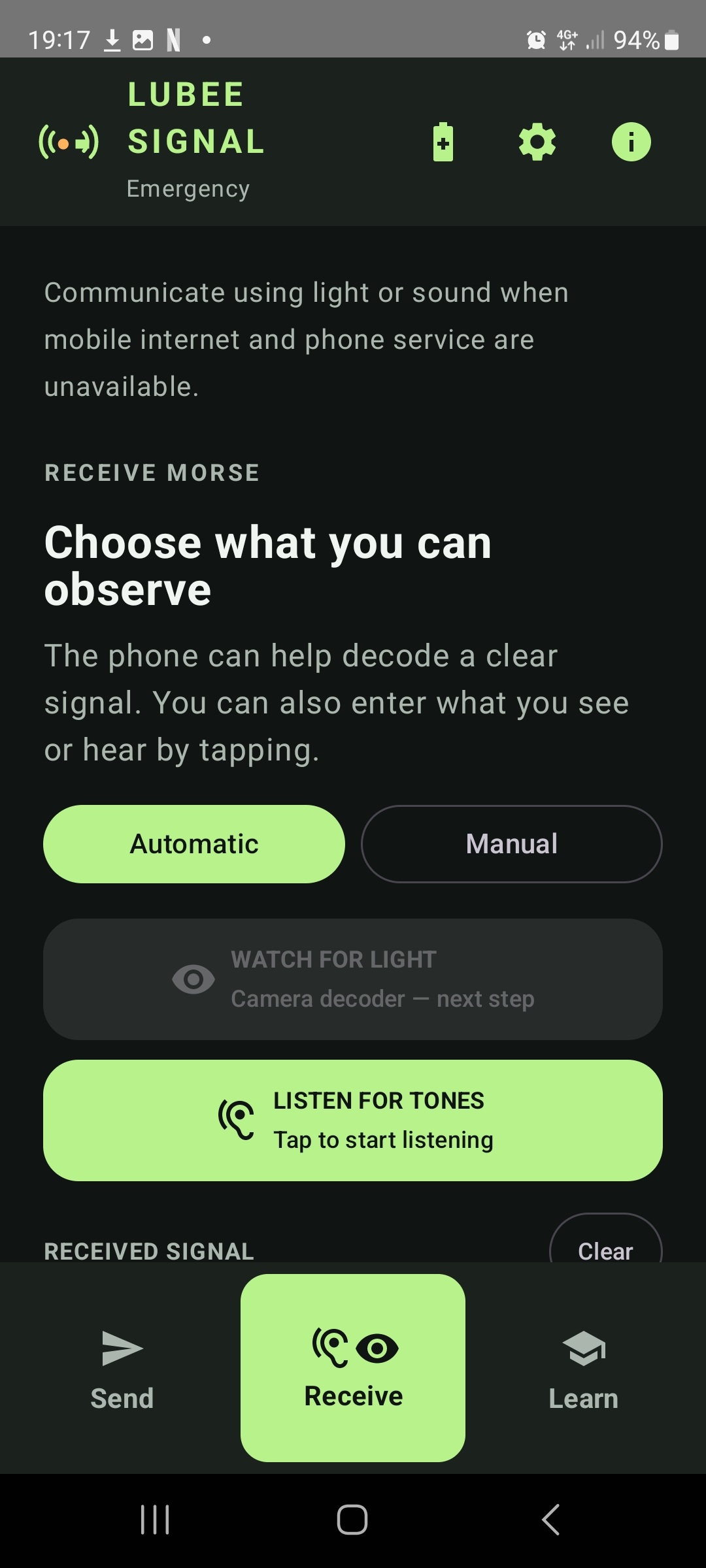 Lubee Signal app screenshot: Choose a mode and listen for a signal