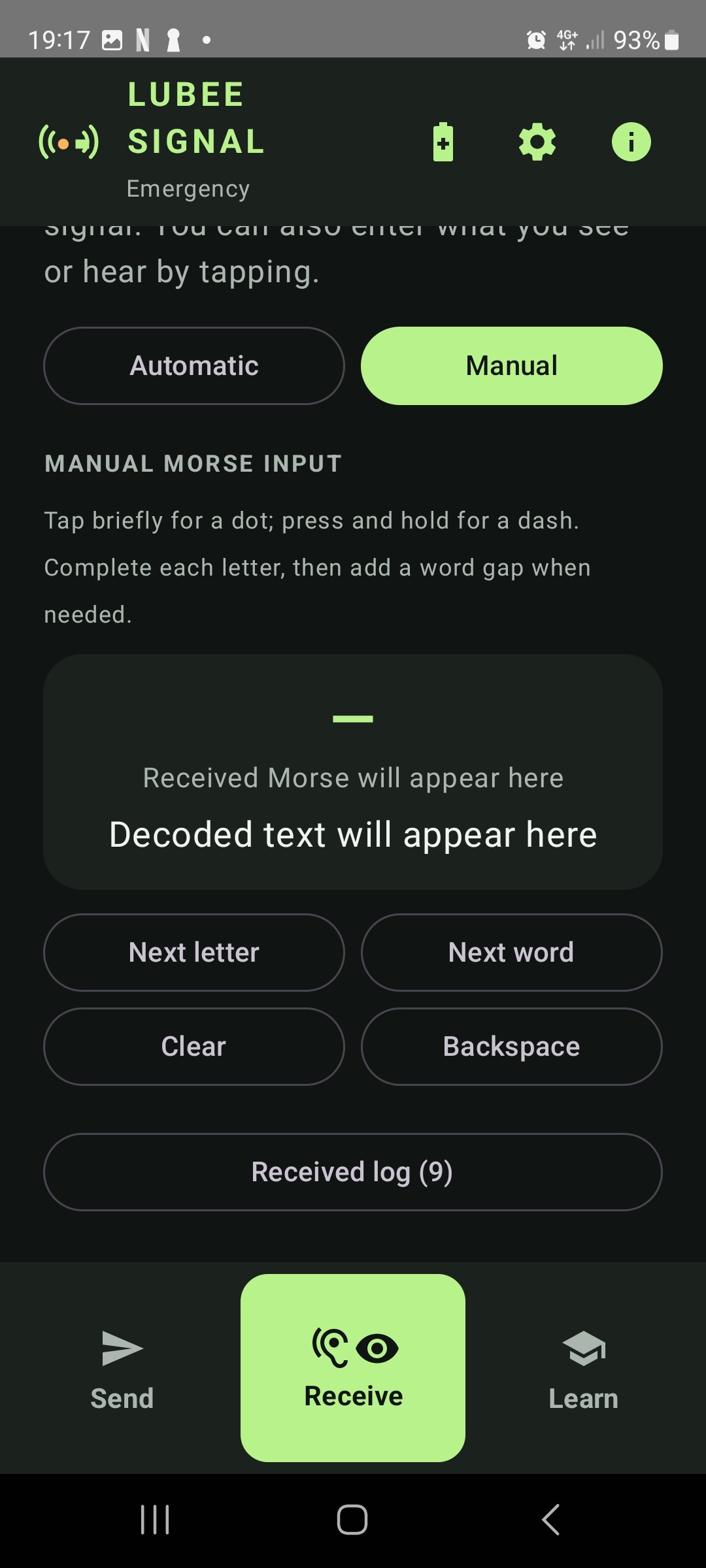 Lubee Signal app screenshot: Enter Morse manually