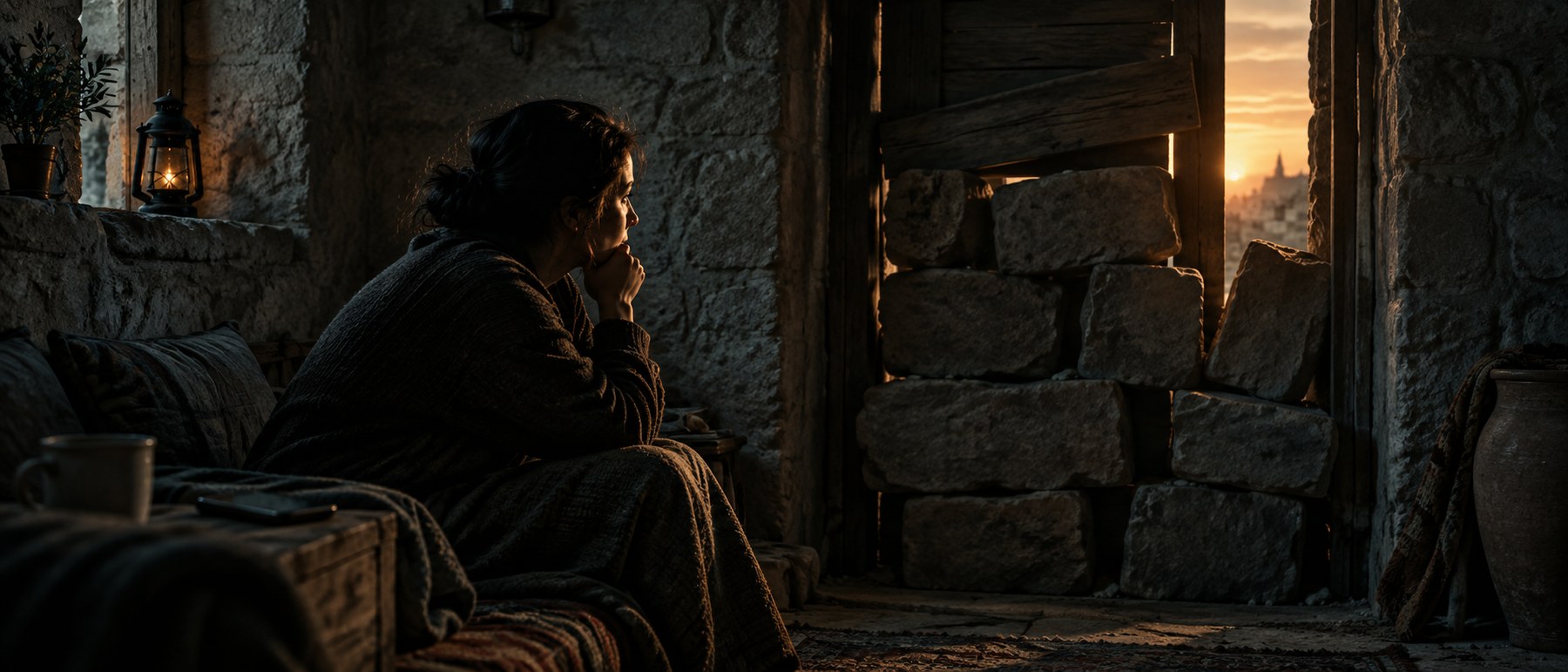 A person listens in a dim stone shelter beside a blocked doorway