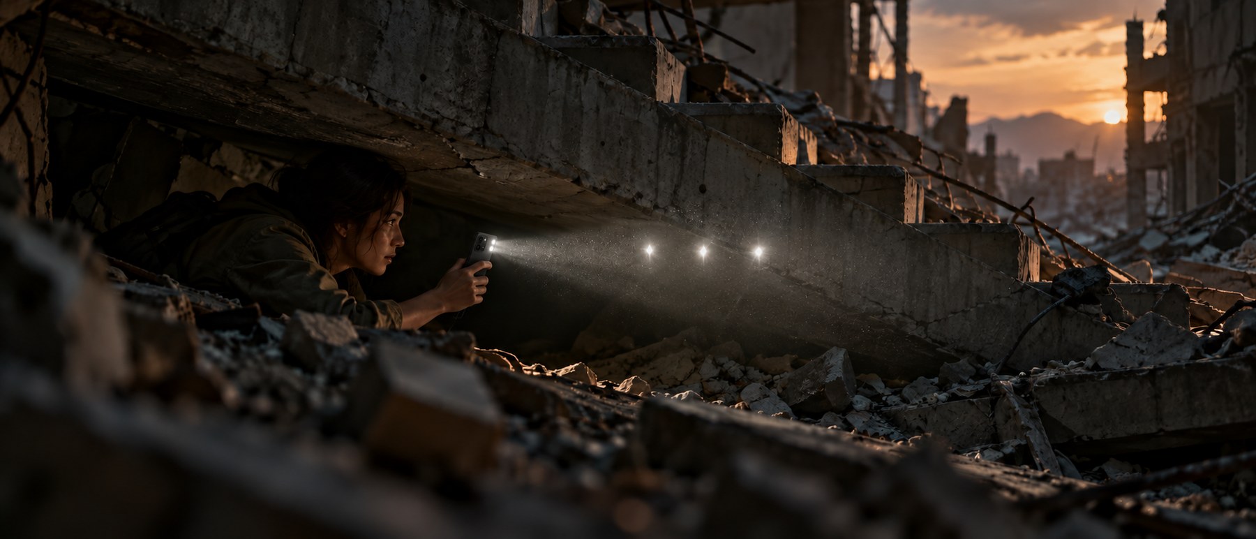 A woman signals with her phone flashlight beneath earthquake rubble at dusk