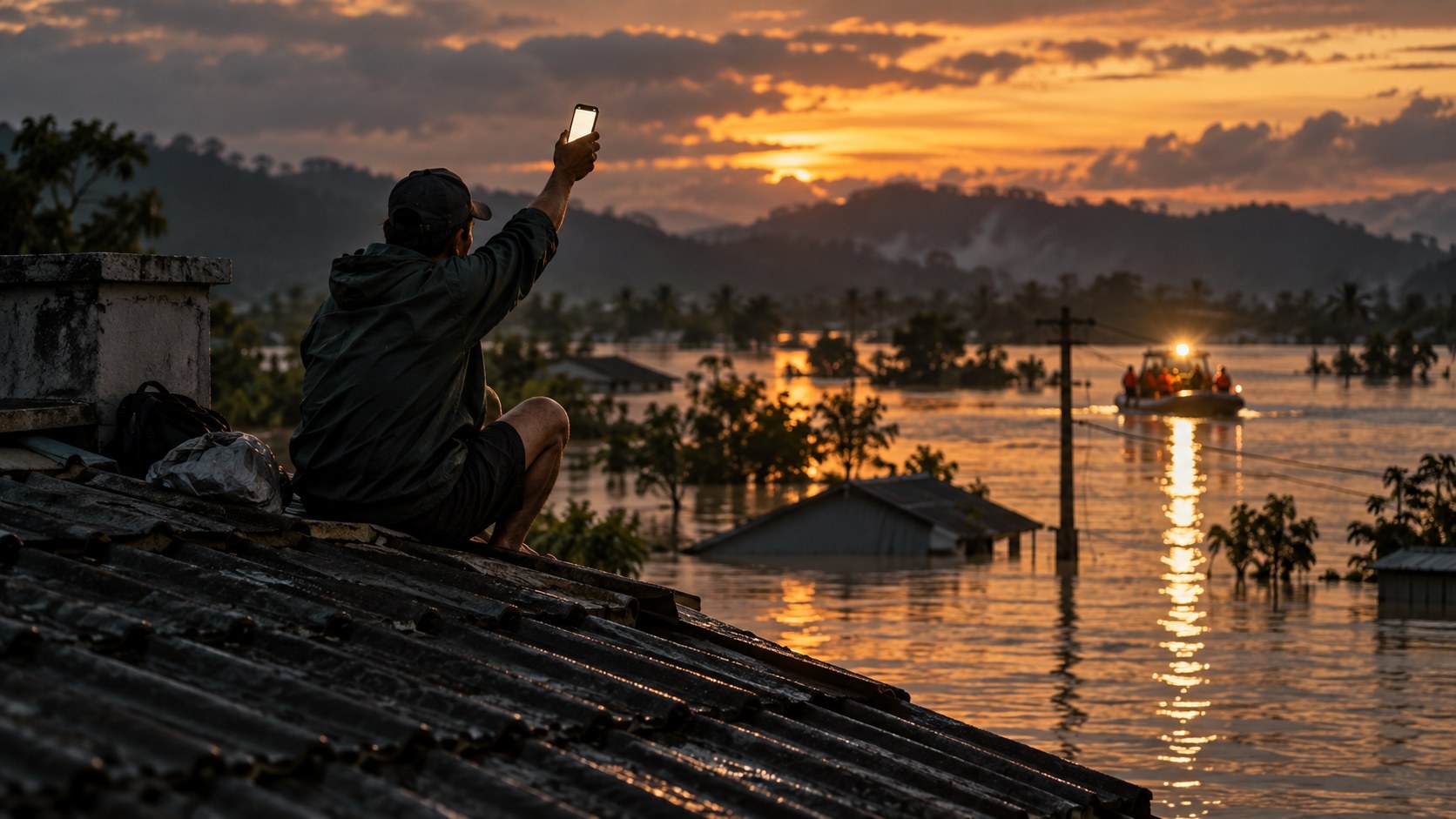 A person on a rooftop signals toward a rescue boat across floodwater at sunset